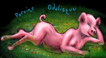 A pig girl; words 'Porcine Odalisque'. Sketch of a dream by Wayan. Click to enlarge.