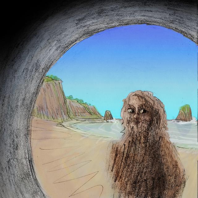 Bearded man silhouetted in pipe mouth on beach. Dream sketch by Wayan. Click to enlarge.