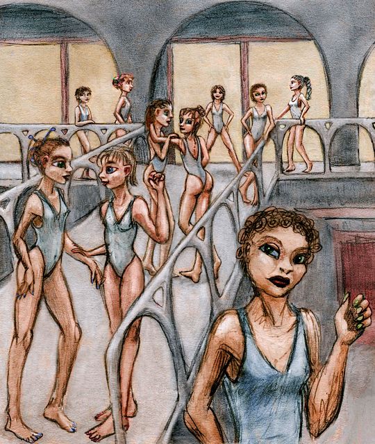 Ballerinas on a ramp, in white, with weird big-eyed faces--masks? Makeup? Dream sketch by Wayan. Click to enlarge.