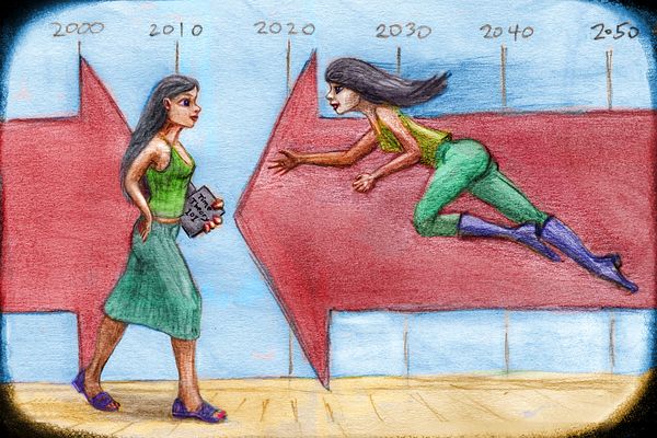 Girl walking into the future as a similar woman leaps backward through time on a collision course. Dream sketch by Wayan. Click to enlarge.