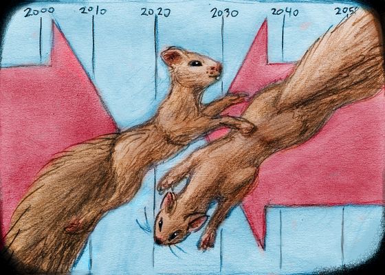 Leaping squirrels pass midair--one leaping forward through time, one back. Dream sketch by Wayan. Click to enlarge.