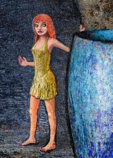 Woman dwarfed by huge blue pot. Dream sketch by Wayan. Click to enlarge.