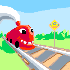 Happy red train on a single-bind track of slavery.