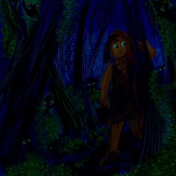 Hobbit woman in night woods; dream sketch by Wayan.