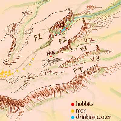 Map of a handlike mesa. Hobbits hold the valley between pointer and index fingers, with the only creek. Men are on the wrist.