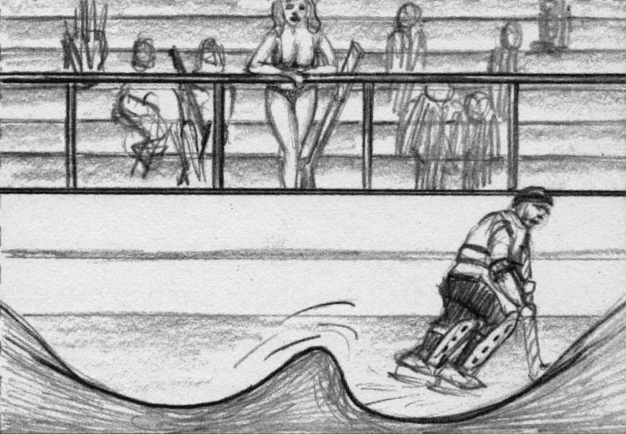 Woman wonders if she's sexy, so she strips to bikini at an ice hockey game. Dream sketch by Jim Shaw. Click to enlarge.