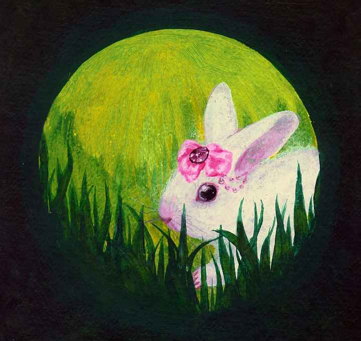 A watercolor sketch of a white bunny with dark eyes, a pink bow and a jewel