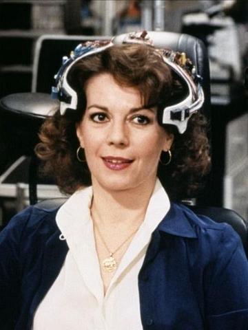 Natalie Wood in thought-recording helmet from her last film, 'Brainstorm'.