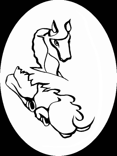 Stylized ink drawing of a horse lying down in a high wind, mane and tail flying.