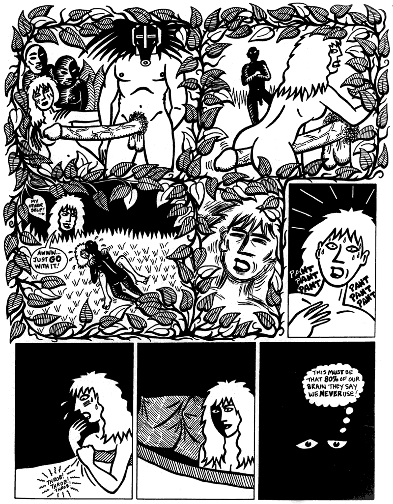 Page of a dream-comic by Mary Fleener: 'Hot Jungle Loins'