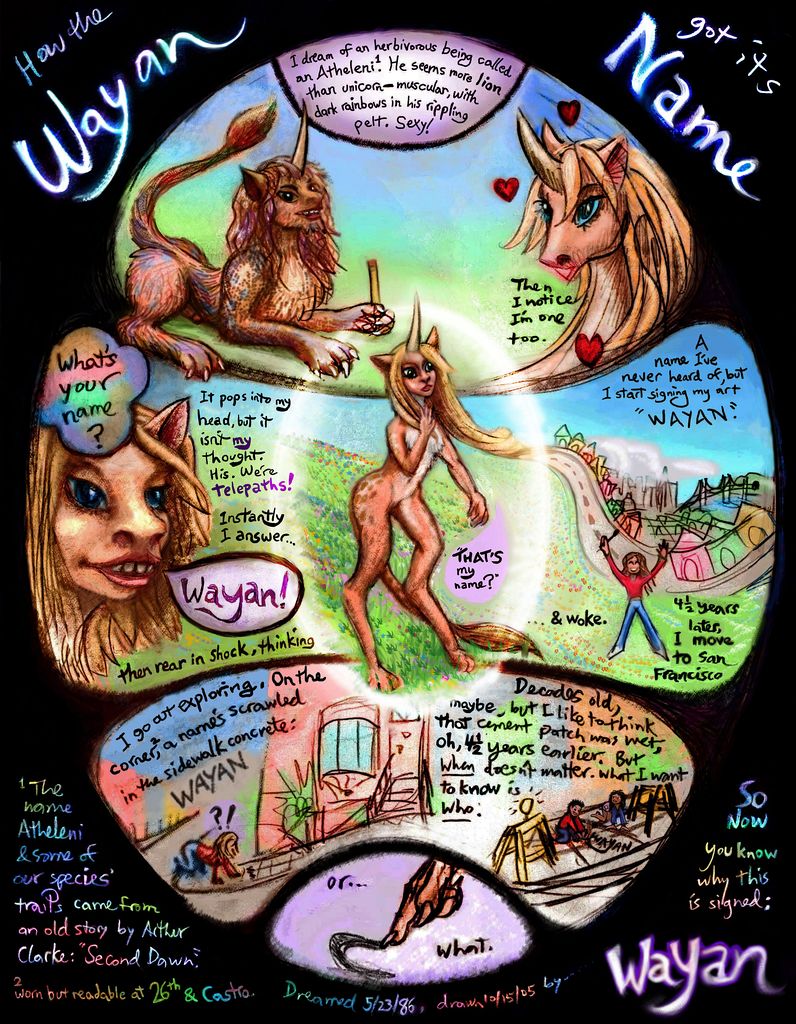 A telepathic lion-unicorn tells me my true name is Wayan. I realize I'm a female of his species. Dream-comic by Wayan. Click to enlarge.