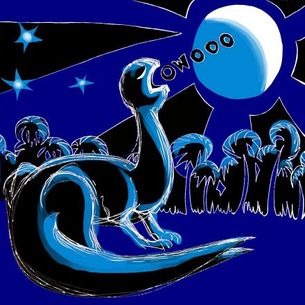 blue, black and white sketch by Wayan of a dinosaur howling at the moon. Click to enlarge.