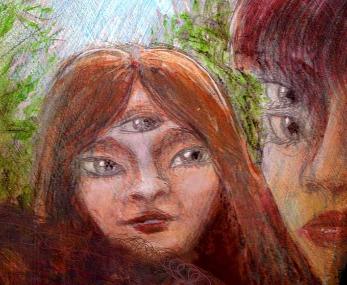 Sketch of a dream by Chris Wayan: a girl with three eyes and one with four eyes, by moonlight. The one with only three eyes looks embarrassed. Click to enlarge.