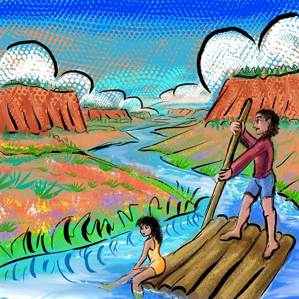 Rafting a desert river with an abused child. Dream sketch by Wayan.