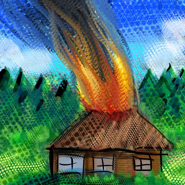 Cabin on fire but it never burns down. Dream sketch by Wayan.