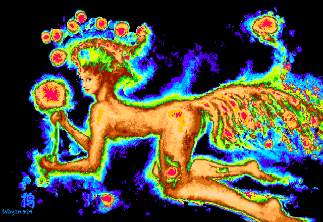 Tailed Goddess checking a proto-star in the void. Roses bloom from her body. Click to enlarge.