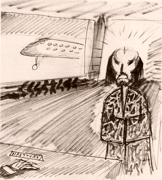 Dream sketch by Fellini: he dreams he's director of an airport but denies it to a mysterious traveler.