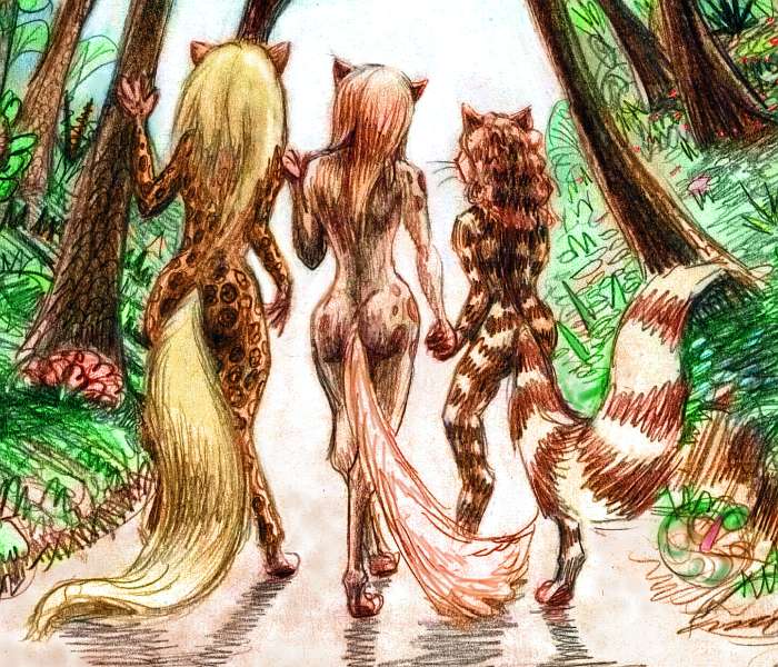 Panel from 'Fishergirl': three long-tailed girls walk away together holding hands. Dream sketch by Wayan; click to enlarge.
