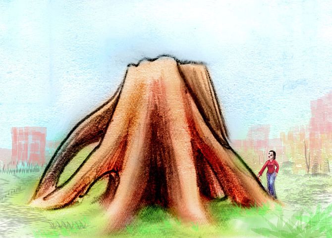 Watercolor sketch of a dream by Wayan of a huge stump in a vacant lot; brick buildings in distance