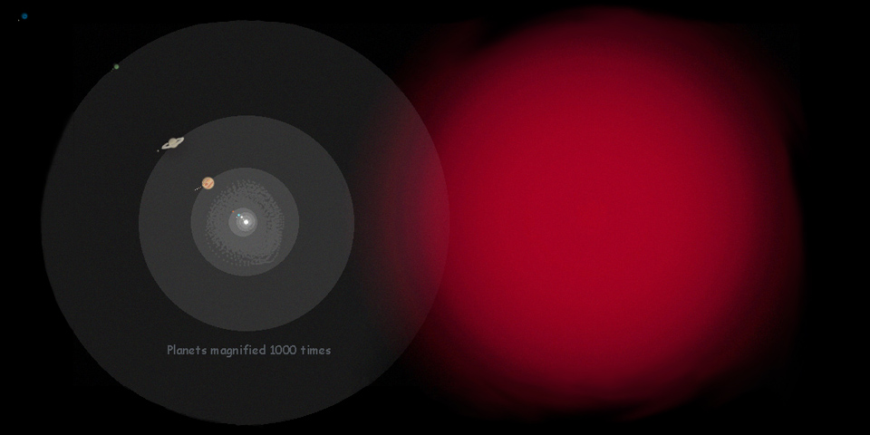 Sketch of a dream by Chris Wayan: I explore inside a red supergiant several billion km wide, and warm as a campfire--a sea of red gas as big as our solar system.