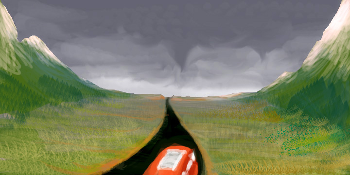 Sketch of a dream by Wayan: a red van drives through a mountain pass under a threatening sky; funnel clouds ahead.