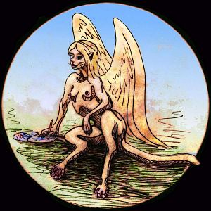 A sphinx sitting. Pen sketch of a dream by Wayan; click to enlarge