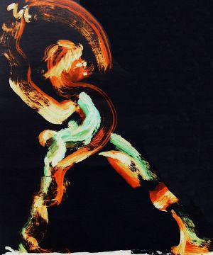 Bearded man struts in a dance; brushwork art in a dream by Wayan; click to enlarge