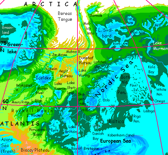 Map of Arctica's Boreal Tongue, Icelake, north Atlantis and Baltica, on Inversia, where up is down is up.