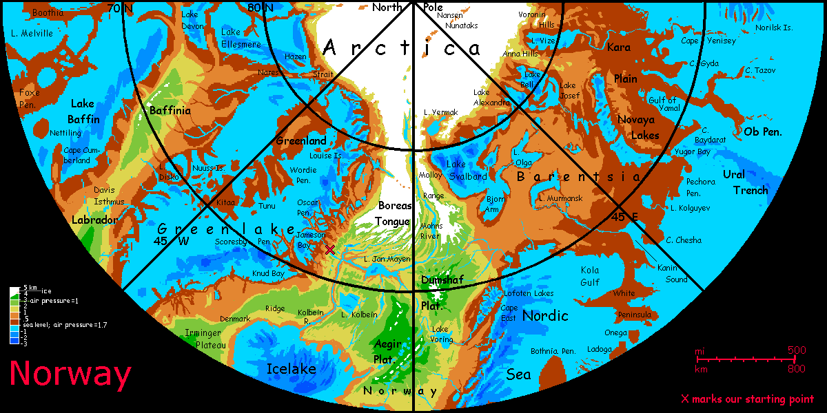 Map of Nunavut, Greenlake, Icelake, north Atlantis, Baltica and eastern Siberia, on Inversia, where up is down is up