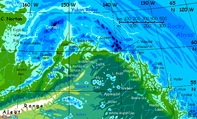 Map of Alaskan shores of the Canadian Ocean, on Inversia, where up is down is up.