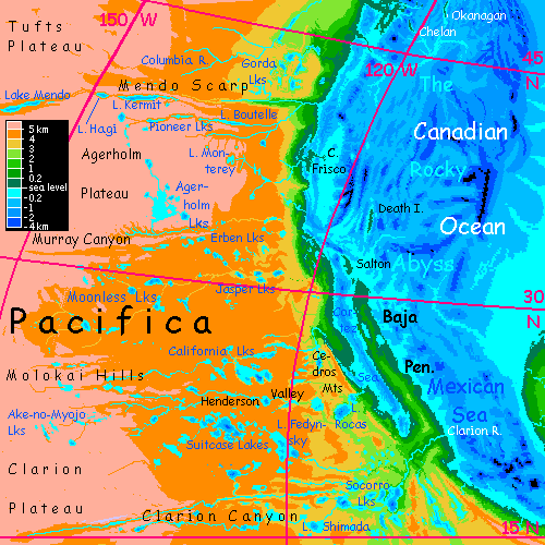 Map of southwestern shore of the Canadian Ocean, on Inversia, where up is down is up.