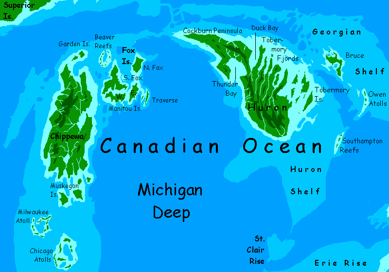 Map of Chippewa & Huron in the Great Islands, in the Canadian Ocean, on Inversia, where up is down is up.