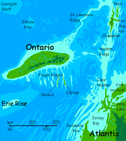 Map of Ontario, Seneca, Cayuga and the Champlain Islands in the Canadian Ocean, on Inversia, where up is down is up.