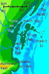 Map of San Francisco Bay and associated isles, in the Canadian Ocean, on Inversia, where up is down is up.