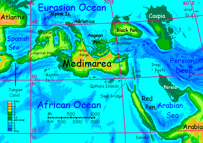 Map of Medimarea, a complex of peninsulas & islands corresponding to our Mediterranean, on Inversia, where up is down is up.