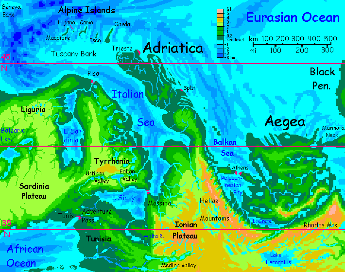 Map of northern Medimarea, a peninsula corresponding to our Mediterranean, on Inversia, where up is down is up.