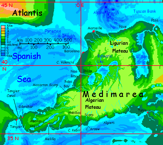 Map of western Medimarea, a peninsula corresponding to our Mediterranean, on Inversia, where up is down is up.