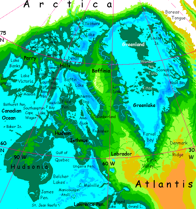 Map of Greenlake and the Nunavut Lakes feeding the Canadian Ocean, on Inversia, where up is down is up.