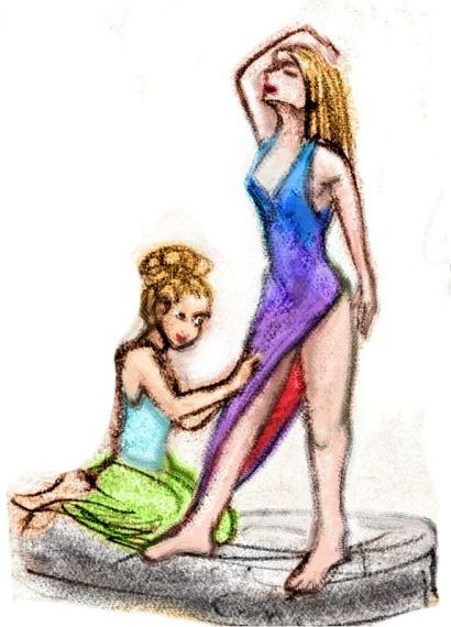 A fitter finishing a blonde's gown: blues & violets with red inside. A diagonal hem, from hip to ankle. Dream sketch by Wayan; click to enlarge.