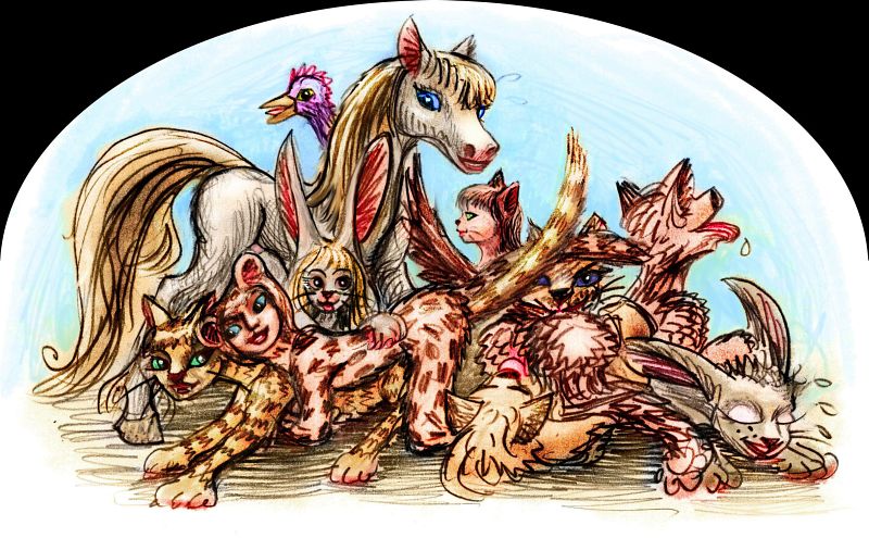 An orgy of Maurice Sendak 'Wild Things', or are they kids in fur suits? Dream sketch by Wayan; click to enlarge.
