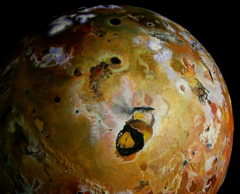 Loki, a patera 250 km wide, on Io, sculpted by Chris Wayan. Click to enlarge.