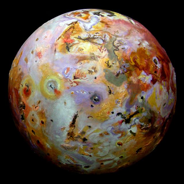 Sculpted portrait of Io by Chris Wayan. Northern view, Prometheus center left, north pole upper right.