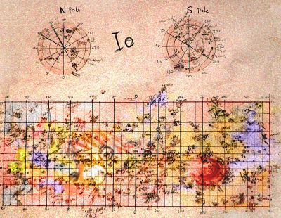 Pencil map of Io by Chris Wayan. Mercator projection with polar regions on separate maplets.