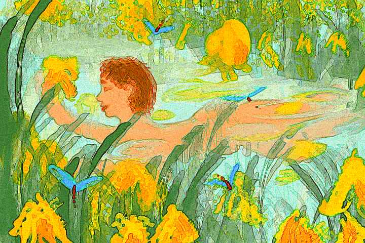 Frederic Mistral dreaming as a child that he's swimming among golden irises and blue-winged dragonflies. Digital sketch by Chris Wayan.