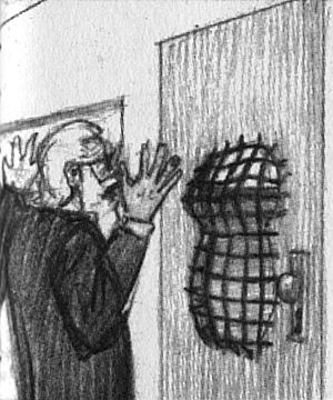 A professor gropes at an iron-barred window shaped like a woman's torso. Dream sketch by Jim Shaw.