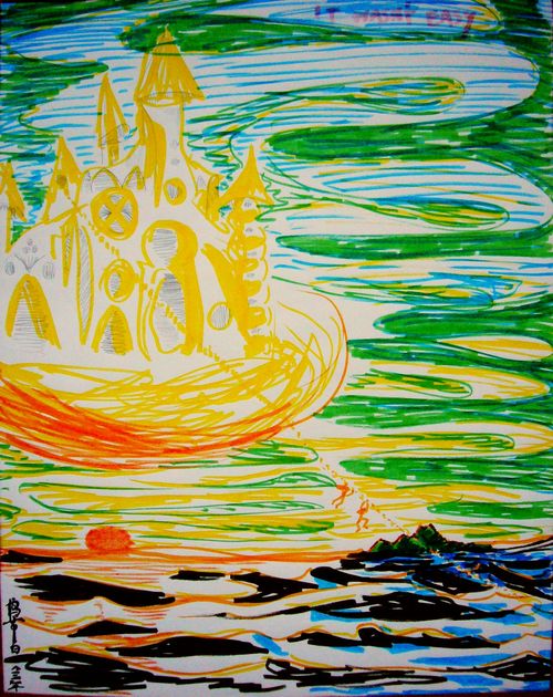 Golden flying castle; 2 tiny figures descend on a rope to the sea. Feltpen dream sketch by Wayan. Click to enlarge.