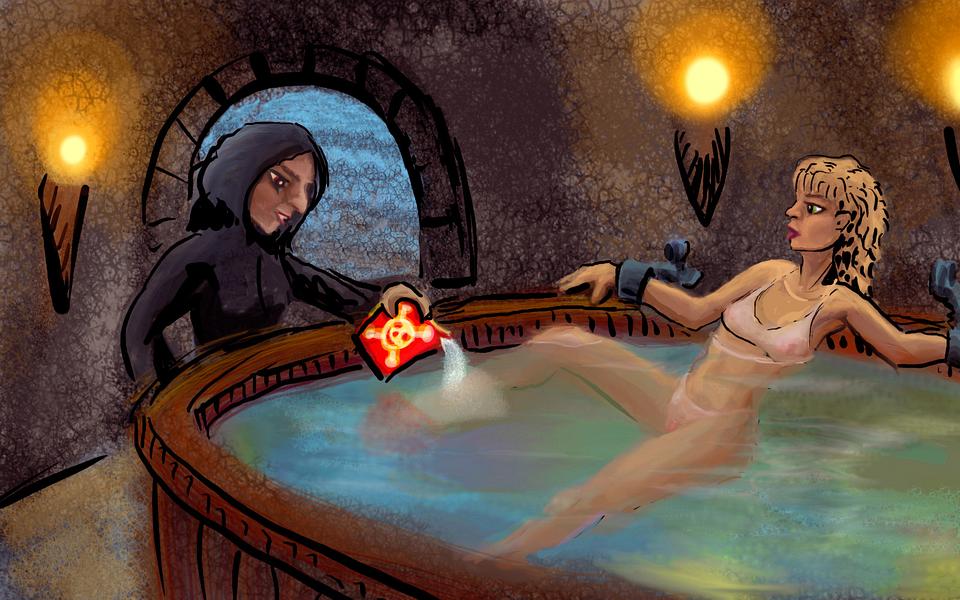 My sister's chained in a hot tub; Mom the witch pours in toxic soap. Dream sketch by Wayan. Click to enlarge.