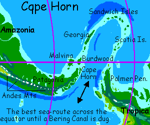 Map of tropical Cape Horn, the best sea-route across the equator until a Bering Canal is dug, on an alternate Earth called Jaredia.