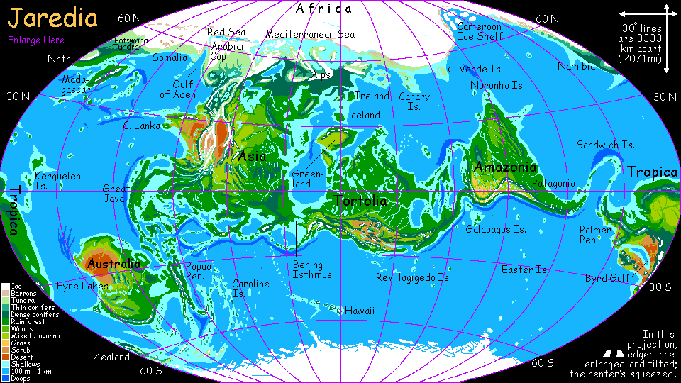 Map of Jaredia, an alternate Earth with the north pole in Chad and the south in Polynesia.