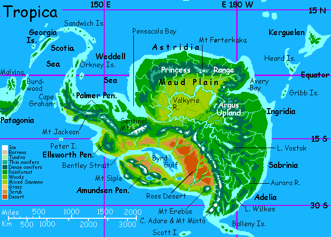 Map of Tropica, the equatorial equivalent of Antarctica, riding much higher in the water without the ice-burden.